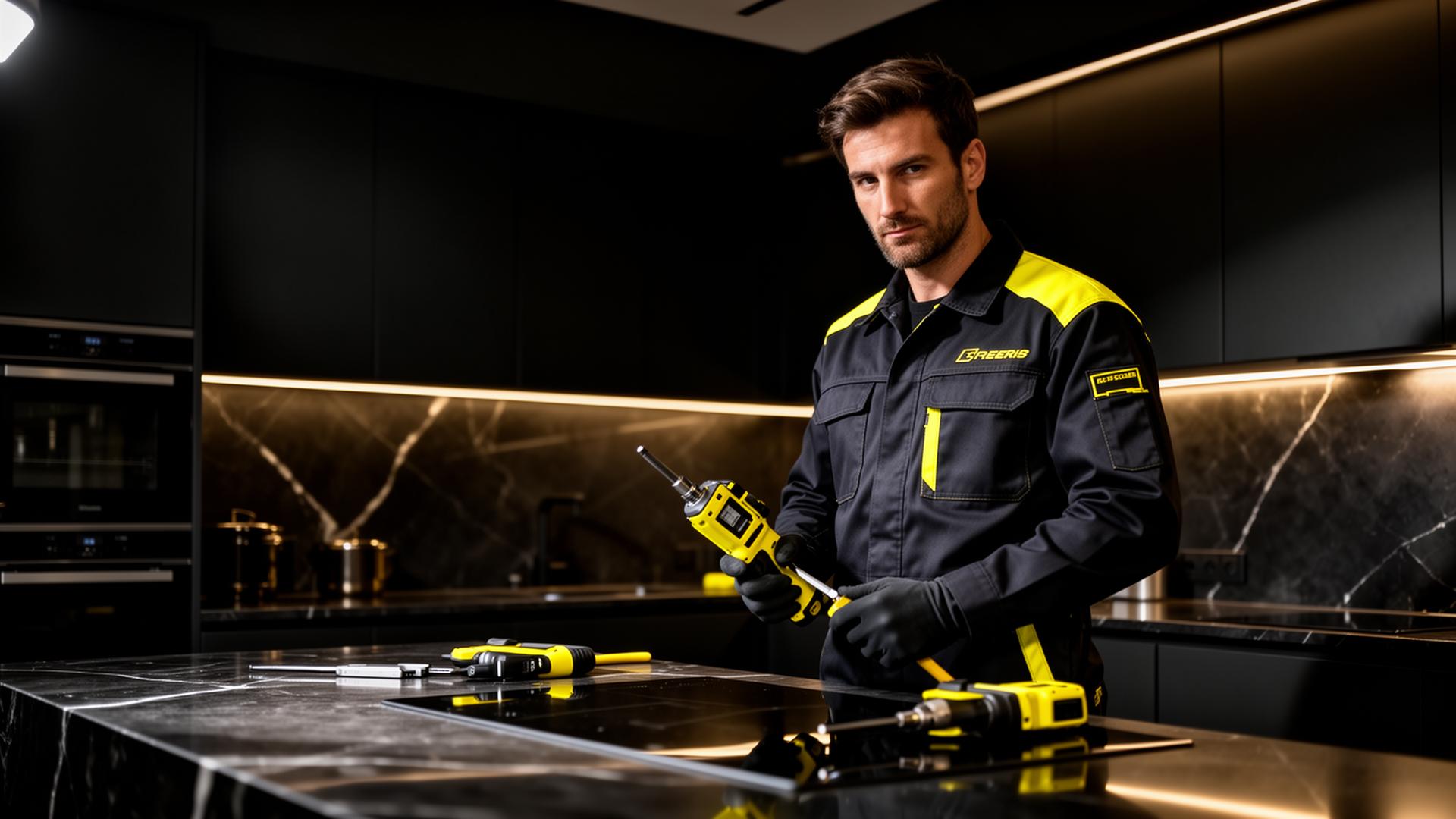 Técnico FIXJA a fazer reparação numa cozinha moderna